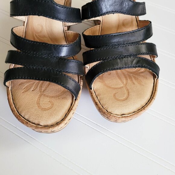 Born Lisi Sandals Womens 7 / 38 Black Leather Strappy Cork Wedge Heels Slides - Picture 4 of 12